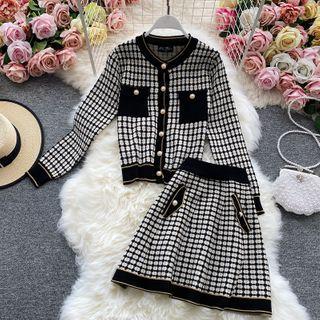 Set: Gingham Knitted Cardigan+gingham Skirt Black - One Size