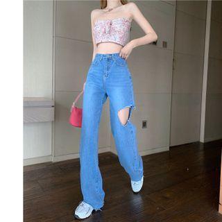 High-waist Cut-out Wide-leg Jeans