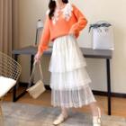 Set: Long-sleeve Lace Panel Knit Sweater + High-waist Plain Mesh Layered Skirt