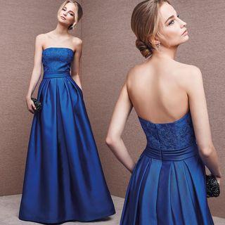 Strapless Embroidery Pleated Evening Gown