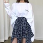 Set: Lettering Long-sleeve T-shirt + A-line Skirt T-shirt - White - One Size / Skirt - Navy Blue - One Size