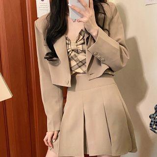 Plaid Bow-front Cropped Camisole Top / Long-sleeve Cropped Blazer / Pleated Mini A-line Skirt