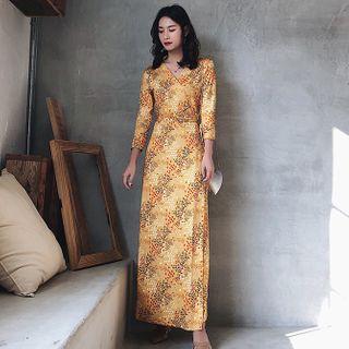 Floral Print 3/4-sleeve Maxi Wrap Dress