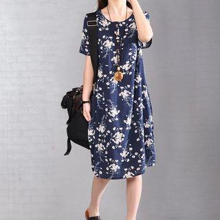 Flower Print Short-sleeve Linen Dress
