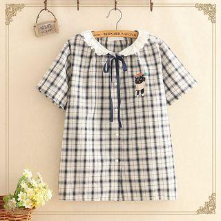 Cat Print Lace-collar Check Blouse As Shown In Figure - One Size