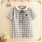 Cat Print Lace-collar Check Blouse As Shown In Figure - One Size