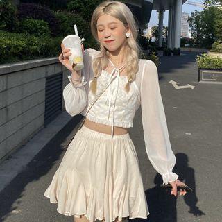 Long-sleeve Square Neck Mesh Panel Crop Top / Pleated A-line Skirt
