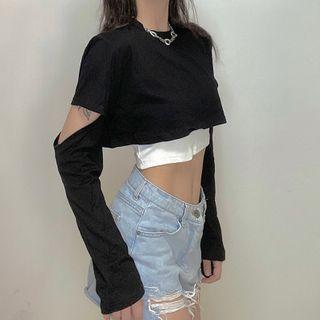 Set: Long-sleeve Cutout T-shirt + Camisole Top Black - One Size