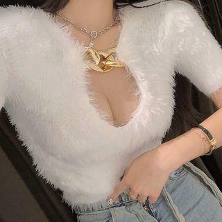 Short-sleeve Chain Accent Furry Top