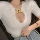 Short-sleeve Chain Accent Furry Top