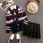 Set: Printed Cardigan + Long-sleeve Shirt + Mini Pleated Skirt