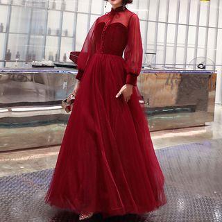 Long-sleeve Mesh A-line Wedding Gown