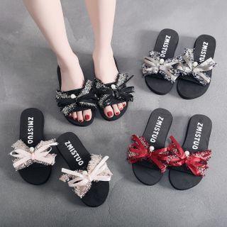 Tweed Bow Slide Sandals