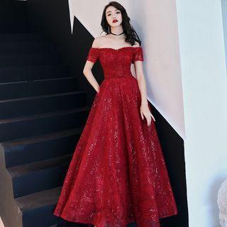 Off-shoulder Sequined Lace A-line Evening Gown