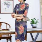 Elbow-sleeve Floral Print Qipao Dress