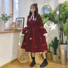Lace Doll Collar Lantern-sleeved Dress Wine Red - One Size