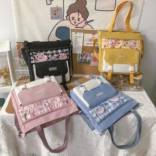 Gingham Cartoon Print Panel Tote Bag