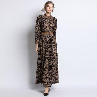 Leopard Print Long-sleeve A-line Maxi Dress