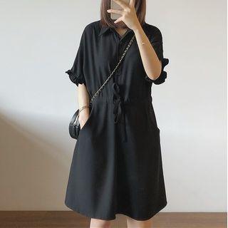 Puff-sleeve Ruffled Drawstring Shirtdress