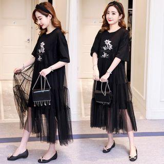 Mesh Panel Printed Short-sleeve A-line Midi Dress