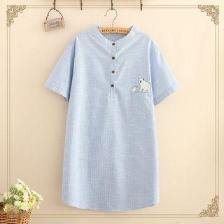 Bear Embroidered Pinstriped Short Sleeve Dress