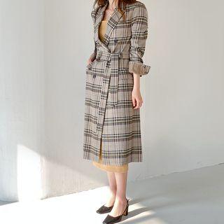 Plaid Long Double-breasted Coat With Sash Green - One Size
