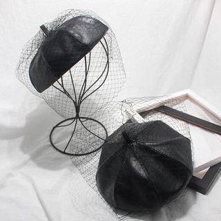Sheer Panel Faux Leather Beret Black - One Size