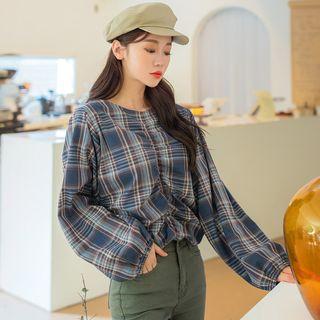 Shirred-front Balloon-sleeve Plaid Top