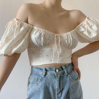 Off Shoulder Floral Print Tie-front Crop Top