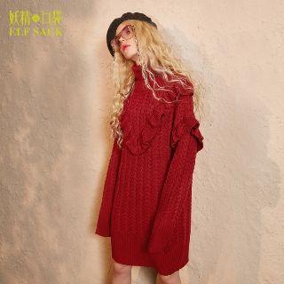 Turtleneck Ruffle Trim Cable Knit Dress