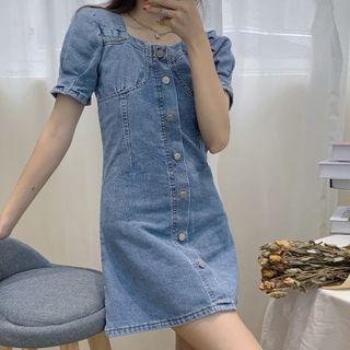 Short-sleeve Buttoned Mini A-line Denim Dress
