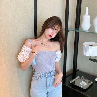 Short-sleeve Cold Shoulder Knit Top Light Blue - One Size