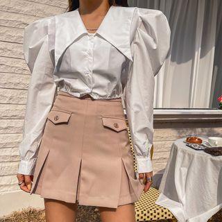 Wide-collar Puff-sleeve Cropped Blouse