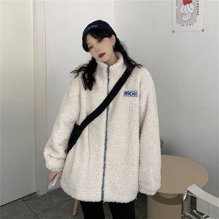 Letter Embroidered Faux Shearling Zip Jacket Off-white - One Size