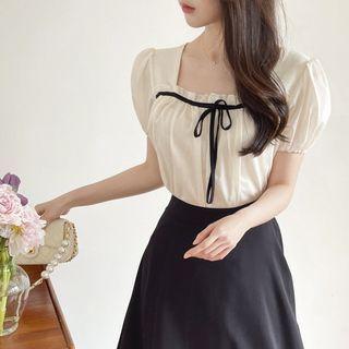 Puff-sleeve Ribbon Blouse Ivory - One Size