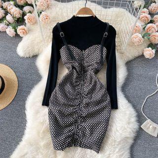 Set: Knit Top + Spaghetti Strap Animal Print Dress