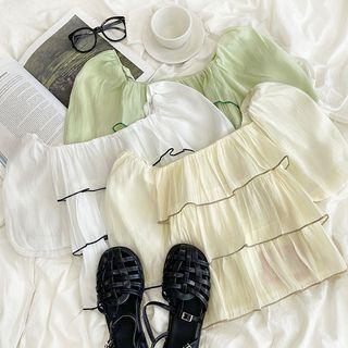 Puff-sleeve Square-neck Ruffle Trim Layer Top