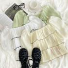 Puff-sleeve Square-neck Ruffle Trim Layer Top