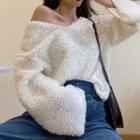 Long-sleeve V-neck Furry-knit Top White - One Size