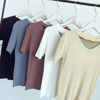 Mesh Panel Slim-fit Short-sleevekint Sweater