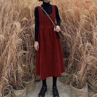 Set: Long Sleeve High Neck Knit Top + Corduroy A-line Pinafore Dress