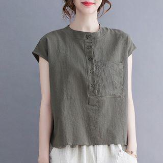Cap-sleeve Henley Linen Blouse