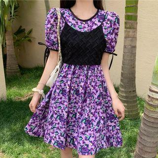 Set : Short-sleeve Floral Dress + Knit Suspender Cropped Top