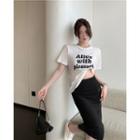 Short-sleeve Lettering T-shirt / High Waist Midi Pencil Skirt