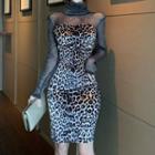 Mesh Panel Leopard Print Mini Bodycon Dress