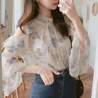 Cold-shoulder High Neck Floral Chiffon Blouse