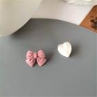 Bow Heart Asymmetrical Earring 1 Pair - S925 Silver Stud Earrings - Pink & White - One Size