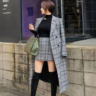 Cut-out Sweater / Houndstooth Double-breasted Coat / Mini A-line Skirt / Set
