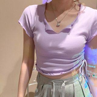 Short-sleeve V-neck Cropped Drawstring T-shirt