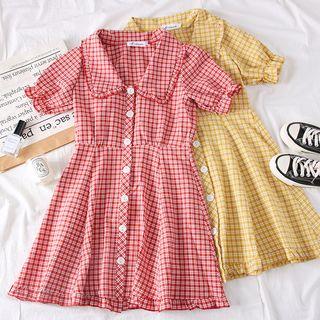 Ruffled-trim Checked Shirtdress
